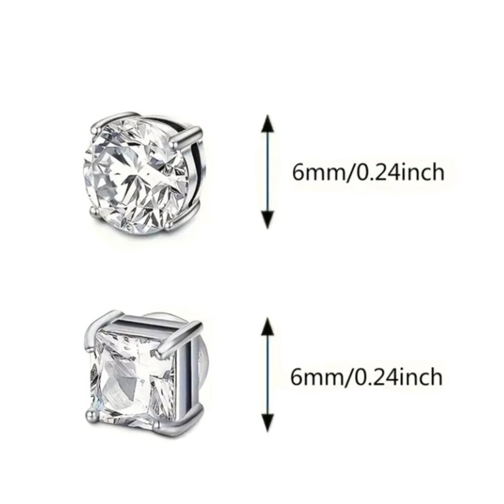 2 Pair 6MM - 4 Prong Stainless Steel & CZ Magnetic Non-Piercing Stud Earrings - Picture 2 of 3